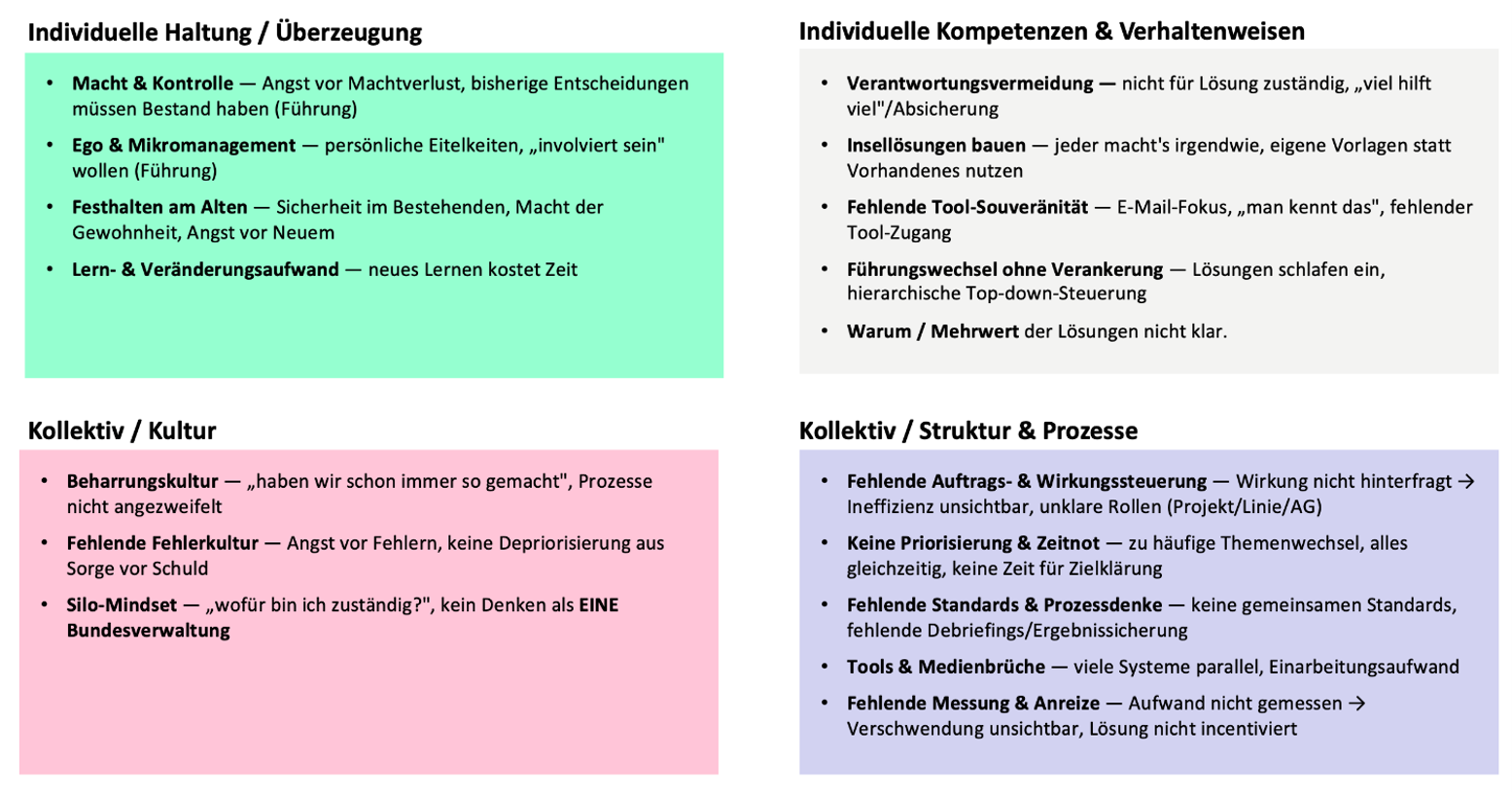 Übersicht über Effizienzkiller bei ressortinternen Arbeitsweisen sortiert nach kulturellen und strukturellen Ursachen sowie individuelle Haltungen und Verhaltensweisen