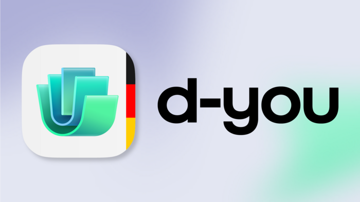 Logo der Wallet d-you mit grafischem Element, dass einer abstrakten Hand und Wallet gleicht sowie dem Schriftzug d-you. Dahinter ein Farbverlauf, der von Lila/Flieder in Türkis übergeht. 