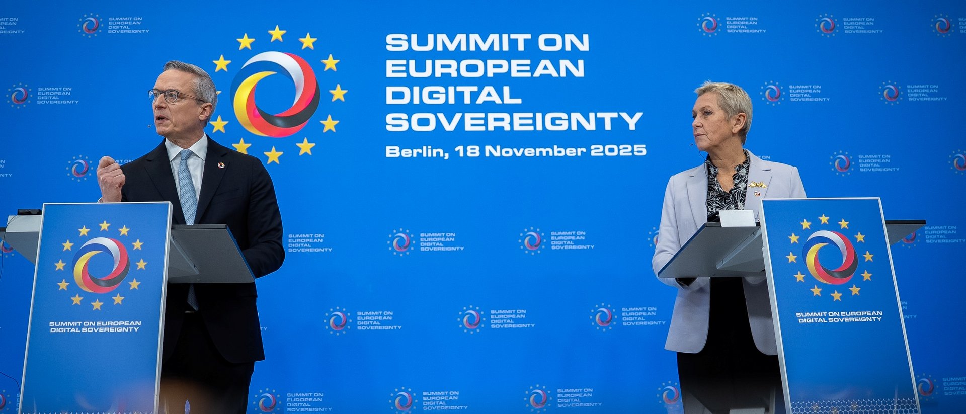 Karsten Wildberger und Anne Le Hénanff während der Pressekonferenz anlässlich des EU-Gipfels