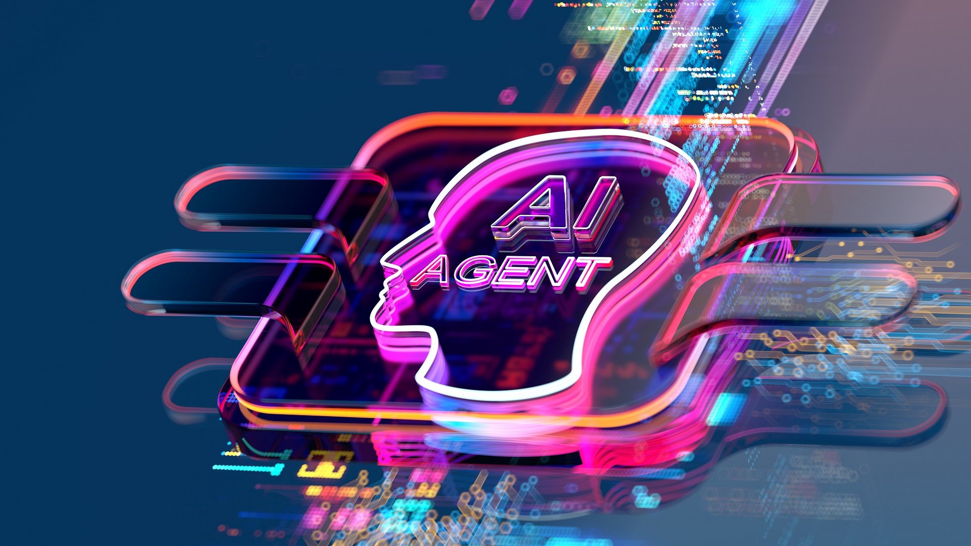 Ein neonfarbenes, futuristisches Icon zeigt die stilisierte Kontur eines menschlichen Kopfes mit dem Schriftzug ‚AI Agent‘. Umgeben von leuchtenden Linien, digital anmutenden Strukturen und dynamischen Bewegungseffekten vermittelt die Grafik Geschwindigkeit und technologische Innovation.