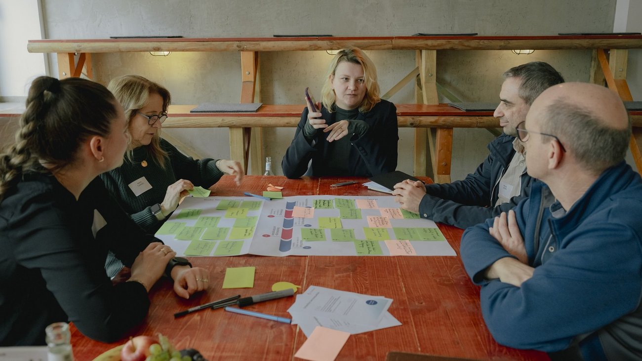 Fünf Personen diskutieren und kleben Post-its auf ein Arbeitsdokument.