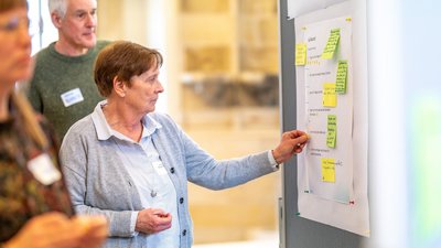Drei Personen vor einer Stellwand mit Ausdrucken und Post-its.